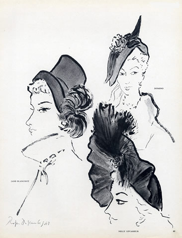Illustration de trois chapeaux par Jane Blanchot, La femme Chic, 1948